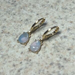 Gold Huggie Earrings with Iridescent Teardrop Shaped Charm